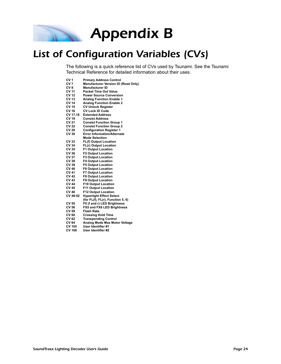 Appendix b, List of configuration variables (cvs) | SoundTraxx Coach Lighting Decoder Users Guide User Manual | Page 27 / 28