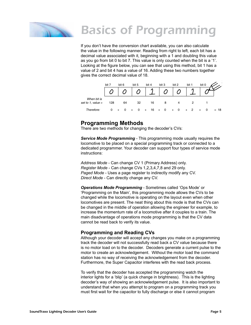 Basics of programming, Programming methods | SoundTraxx Coach Lighting Decoder Users Guide User Manual | Page 8 / 28