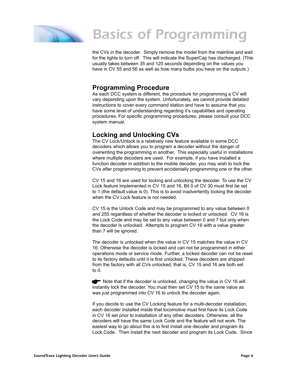 Basics of programming, Programming procedure, Locking and unlocking cvs | SoundTraxx Coach Lighting Decoder Users Guide User Manual | Page 9 / 28