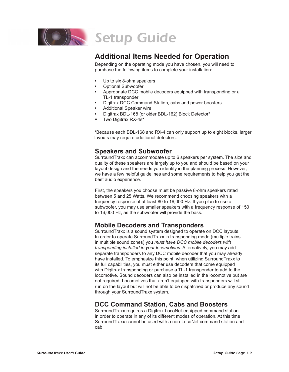 Setup guide, Additional items needed for operation, Speakers and subwoofer | Mobile decoders and transponders, Dcc command station, cabs and boosters | SoundTraxx SurroundTraxx User Manual | Page 14 / 86