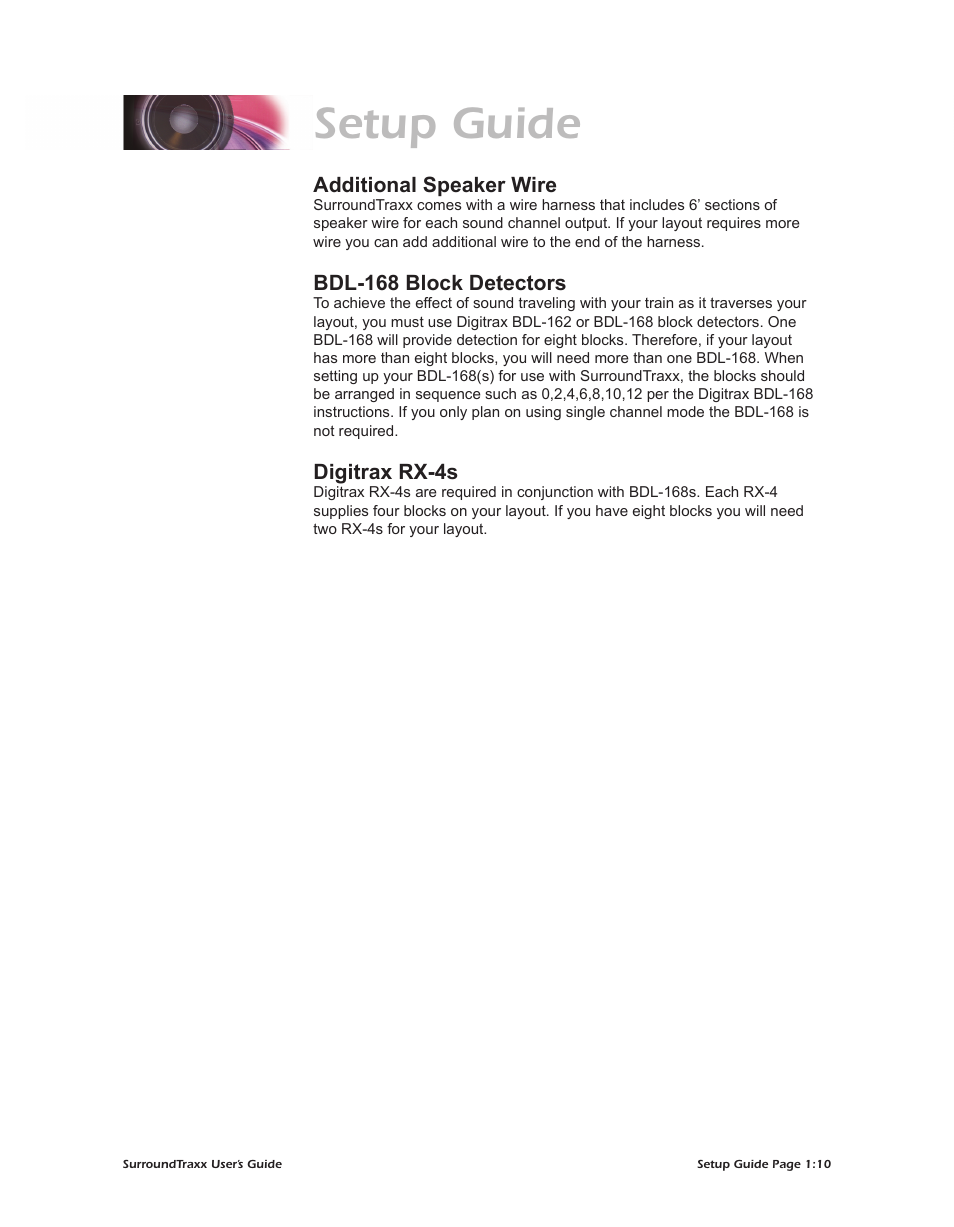 Setup guide, Additional speaker wire, Bdl-168 block detectors | Digitrax rx-4s | SoundTraxx SurroundTraxx User Manual | Page 15 / 86