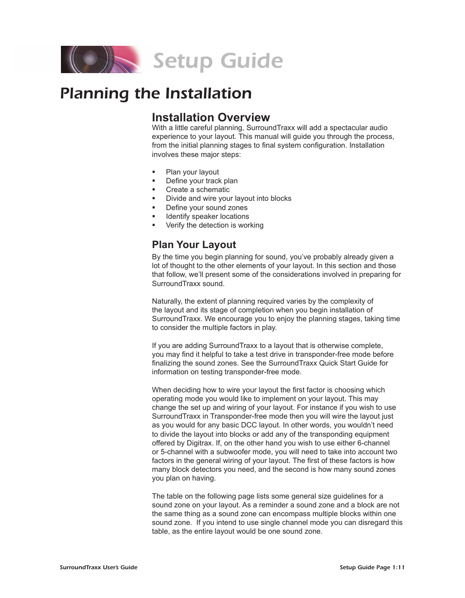 Setup guide, Planning the installation, Installation overview | Plan your layout | SoundTraxx SurroundTraxx User Manual | Page 16 / 86