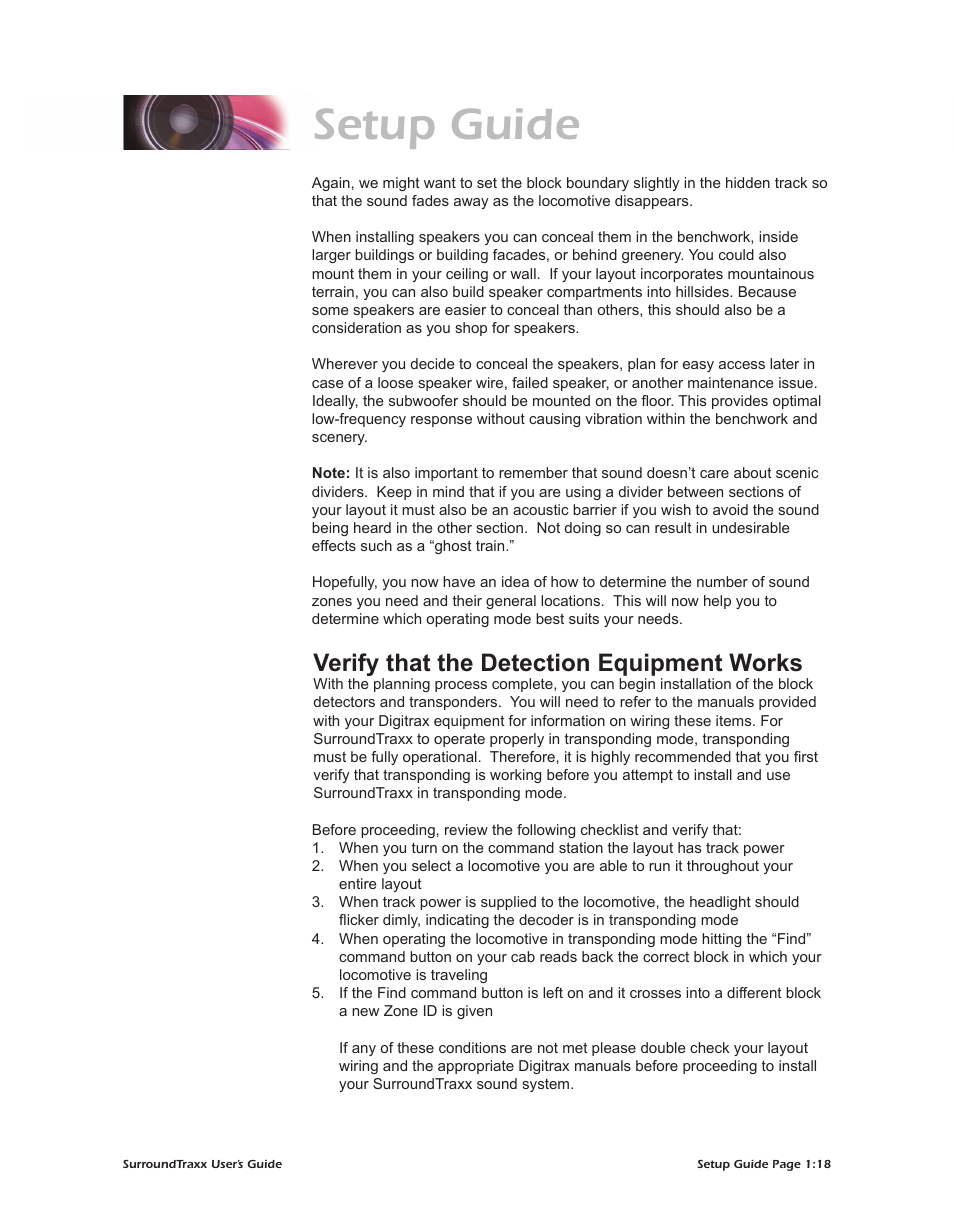 Setup guide, Verify that the detection equipment works | SoundTraxx SurroundTraxx User Manual | Page 23 / 86