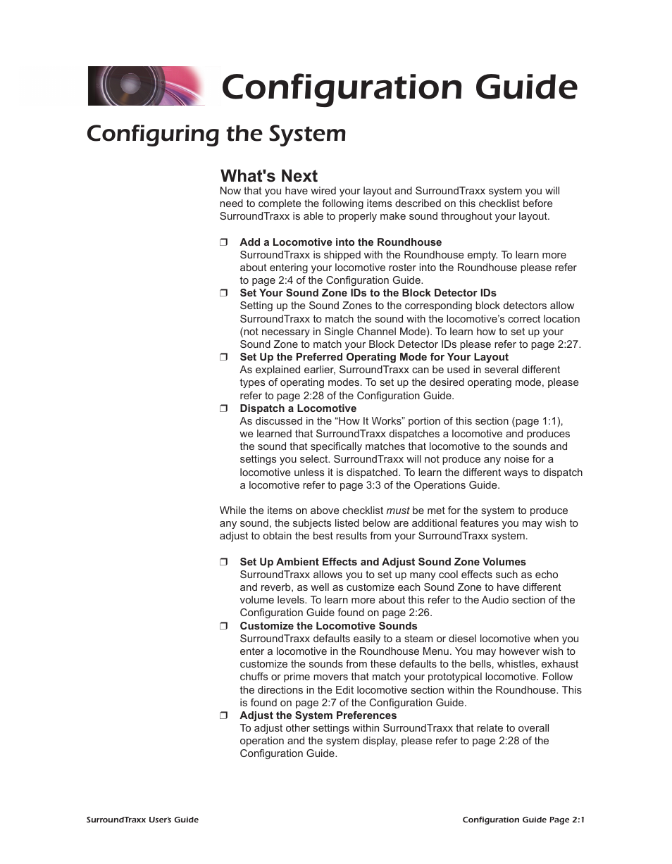 Configuration guide, Configuring the system, What's next | SoundTraxx SurroundTraxx User Manual | Page 29 / 86