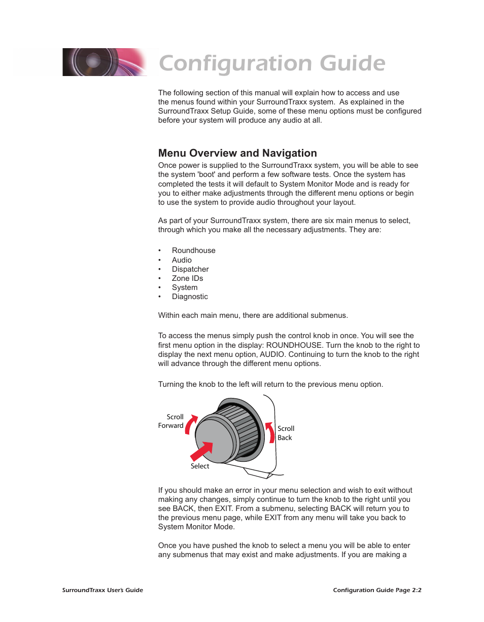 Configuration guide, Menu overview and navigation | SoundTraxx SurroundTraxx User Manual | Page 30 / 86