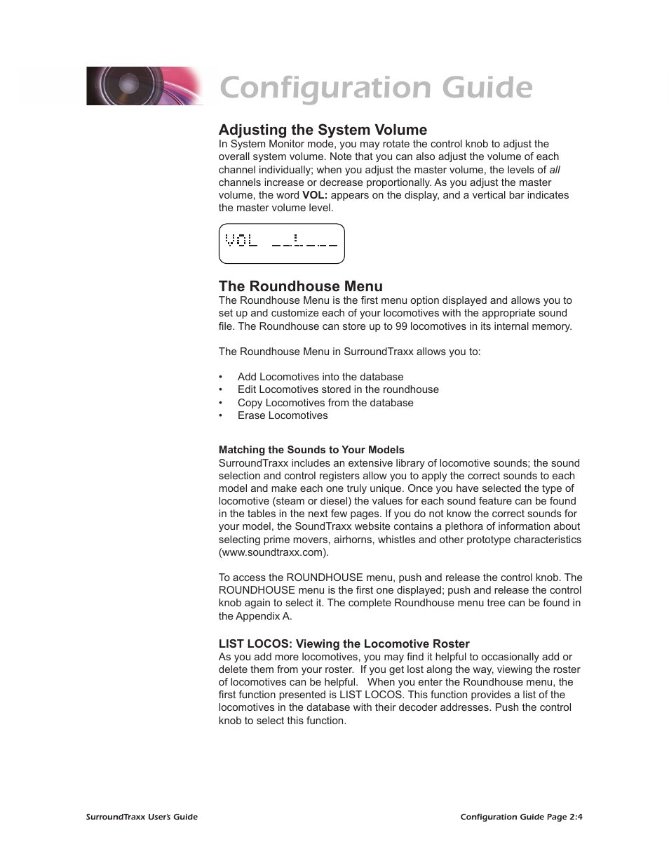 Configuration guide, Adjusting the system volume, The roundhouse menu | SoundTraxx SurroundTraxx User Manual | Page 32 / 86
