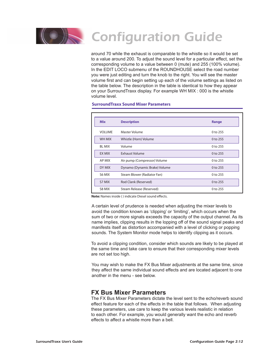 Configuration guide, Fx bus mixer parameters | SoundTraxx SurroundTraxx User Manual | Page 40 / 86