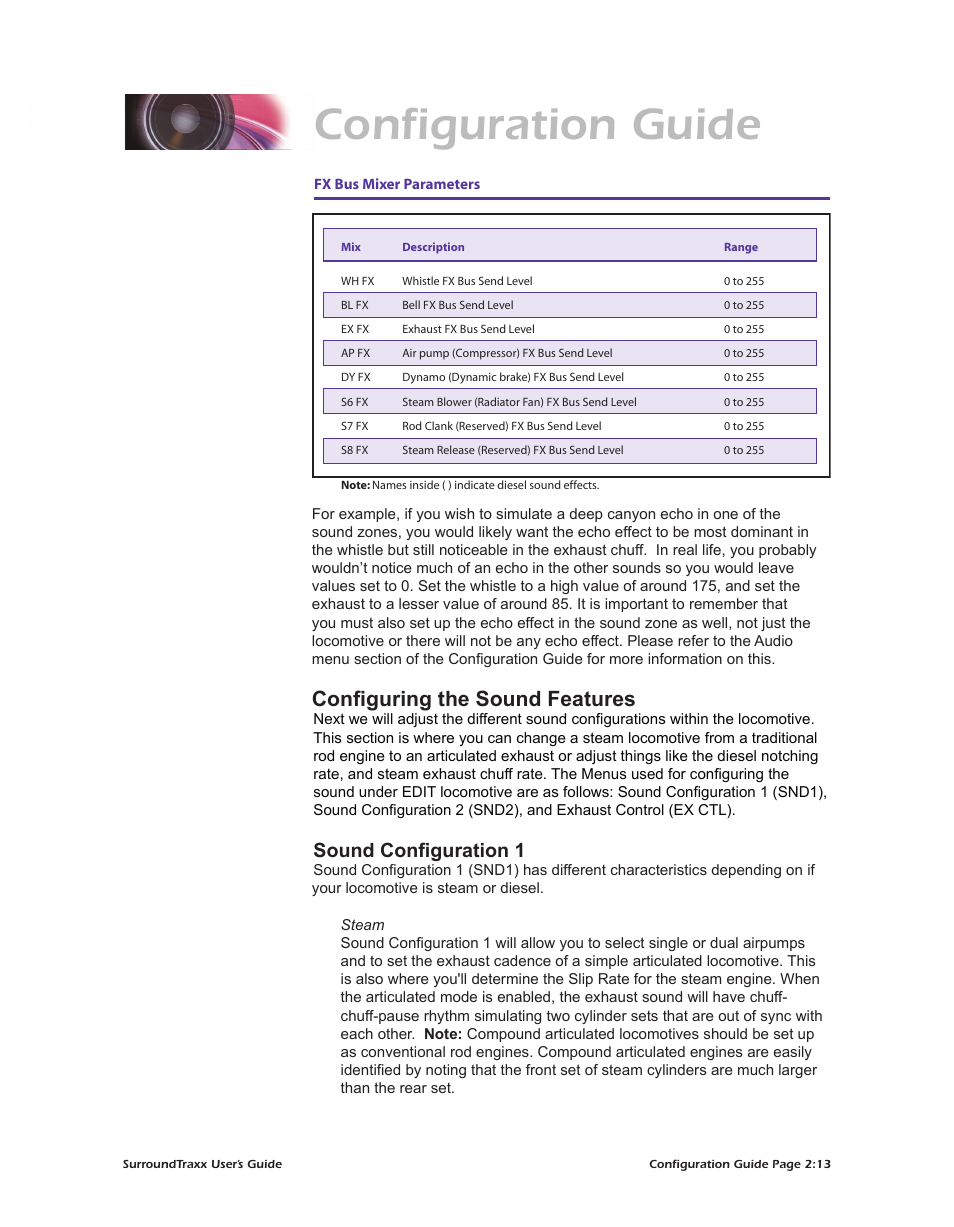 Configuration guide, Configuring the sound features, Sound configuration 1 | SoundTraxx SurroundTraxx User Manual | Page 41 / 86