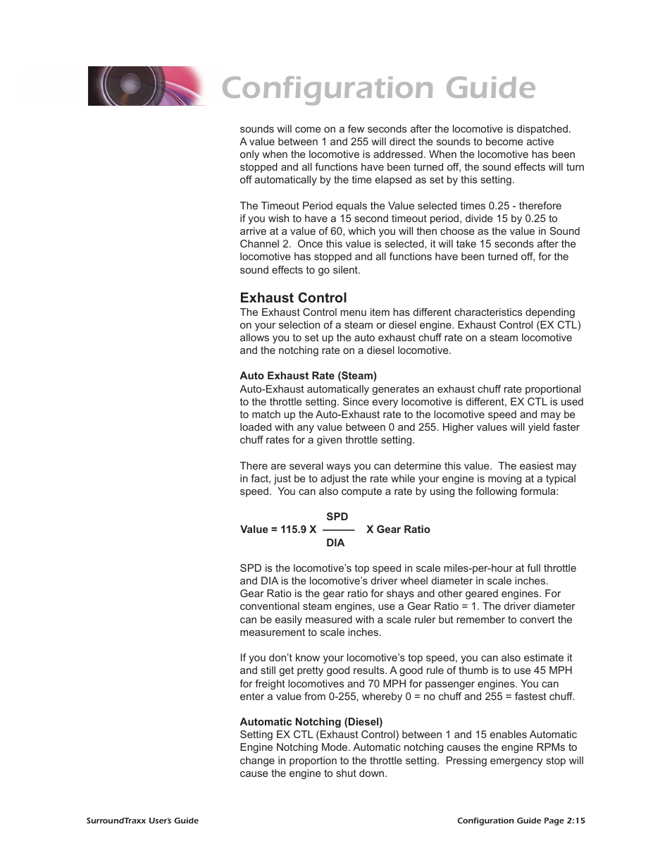 Configuration guide, Exhaust control | SoundTraxx SurroundTraxx User Manual | Page 43 / 86