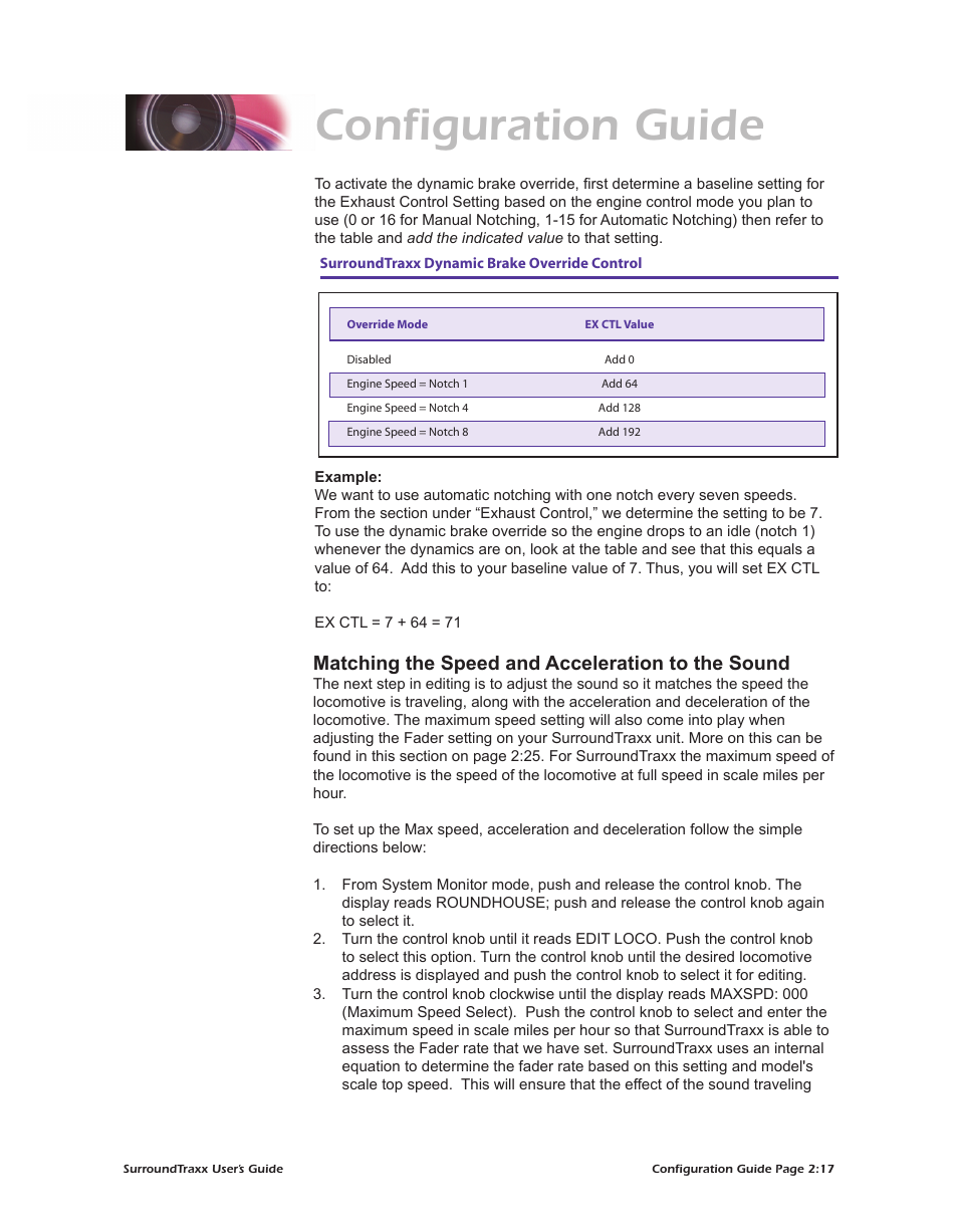 Configuration guide, Matching the speed and acceleration to the sound | SoundTraxx SurroundTraxx User Manual | Page 45 / 86