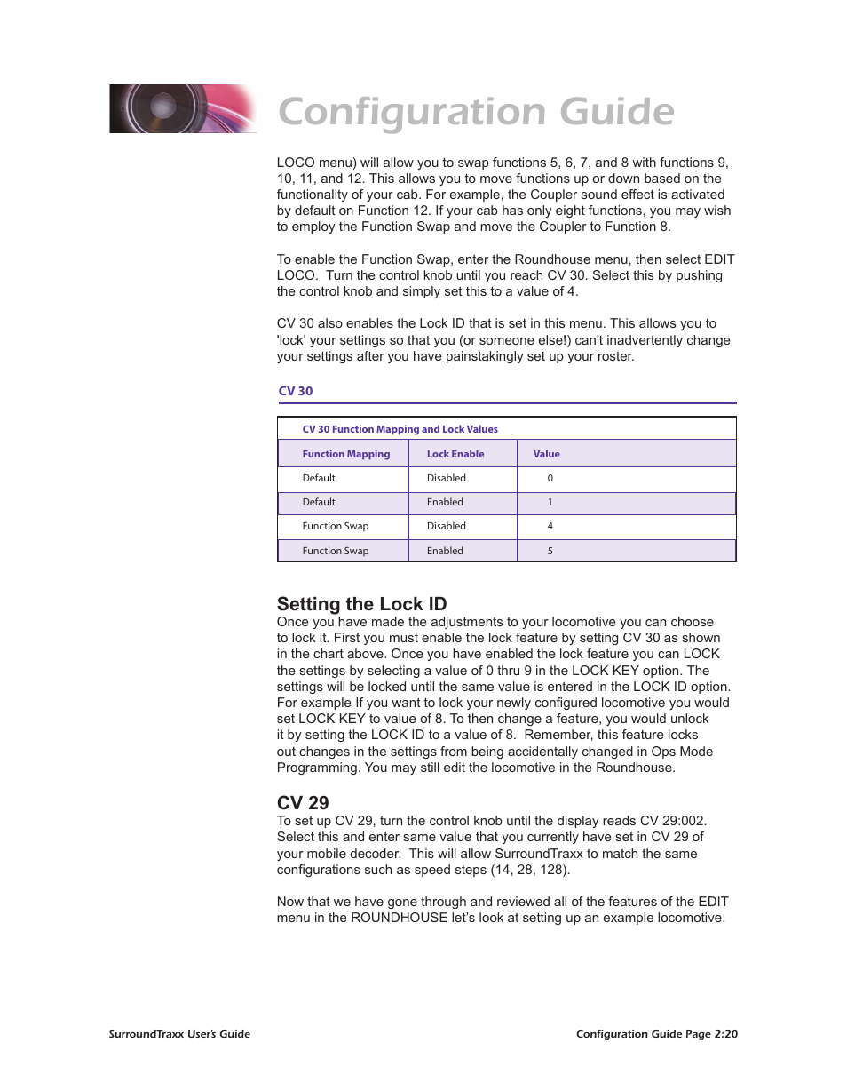 Configuration guide, Setting the lock id, Cv 29 | SoundTraxx SurroundTraxx User Manual | Page 48 / 86