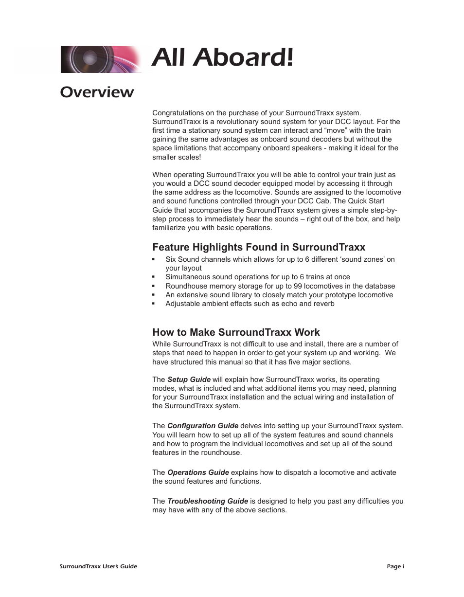 All aboard, Overview, Feature highlights found in surroundtraxx | How to make surroundtraxx work | SoundTraxx SurroundTraxx User Manual | Page 5 / 86