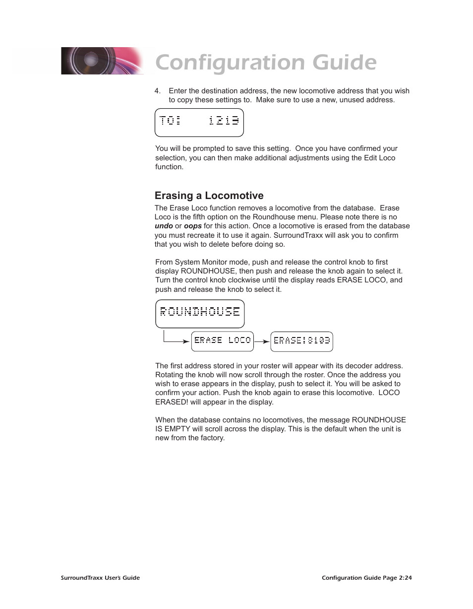 Configuration guide, Erasing a locomotive | SoundTraxx SurroundTraxx User Manual | Page 52 / 86