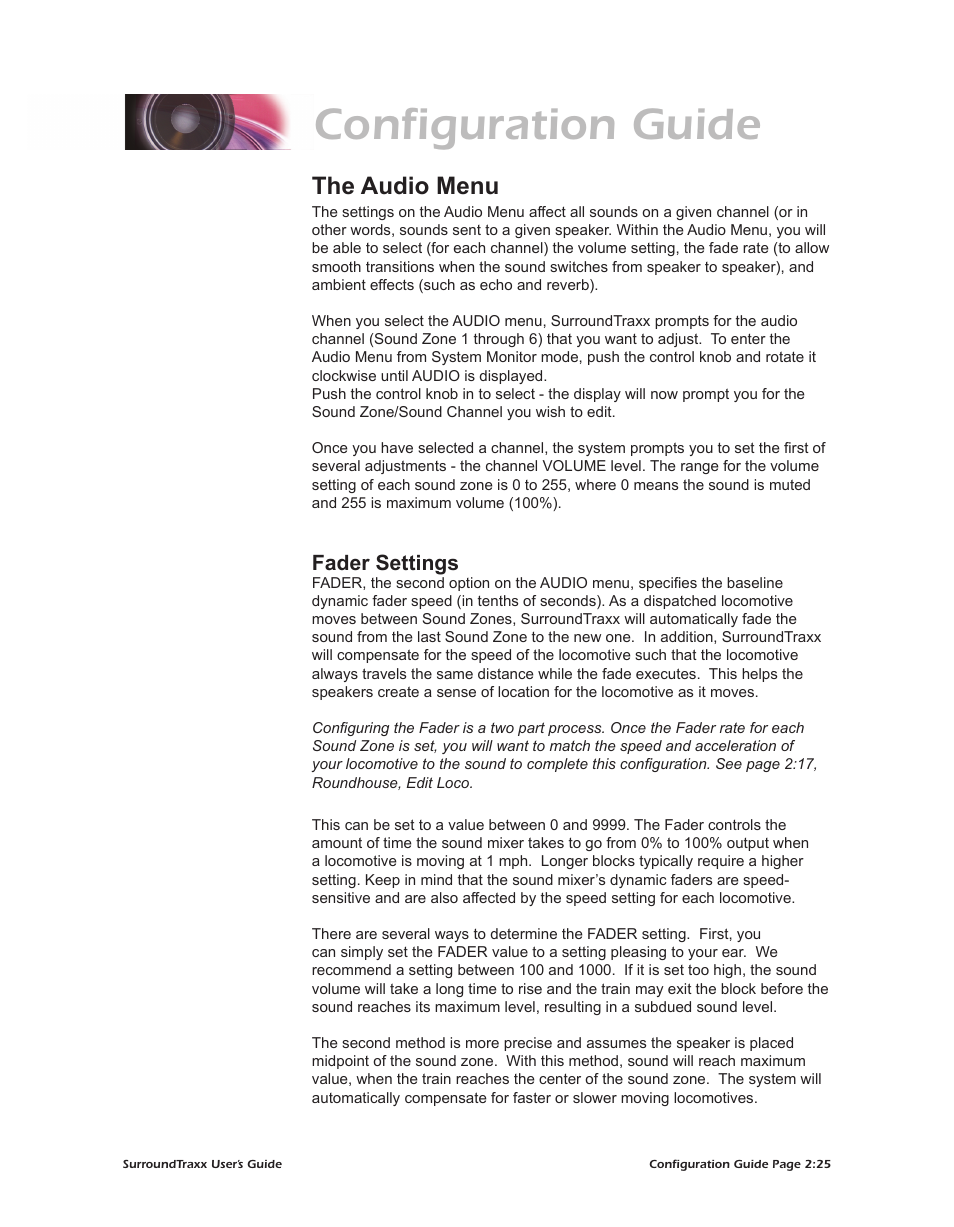 Configuration guide, The audio menu, Fader settings | SoundTraxx SurroundTraxx User Manual | Page 53 / 86