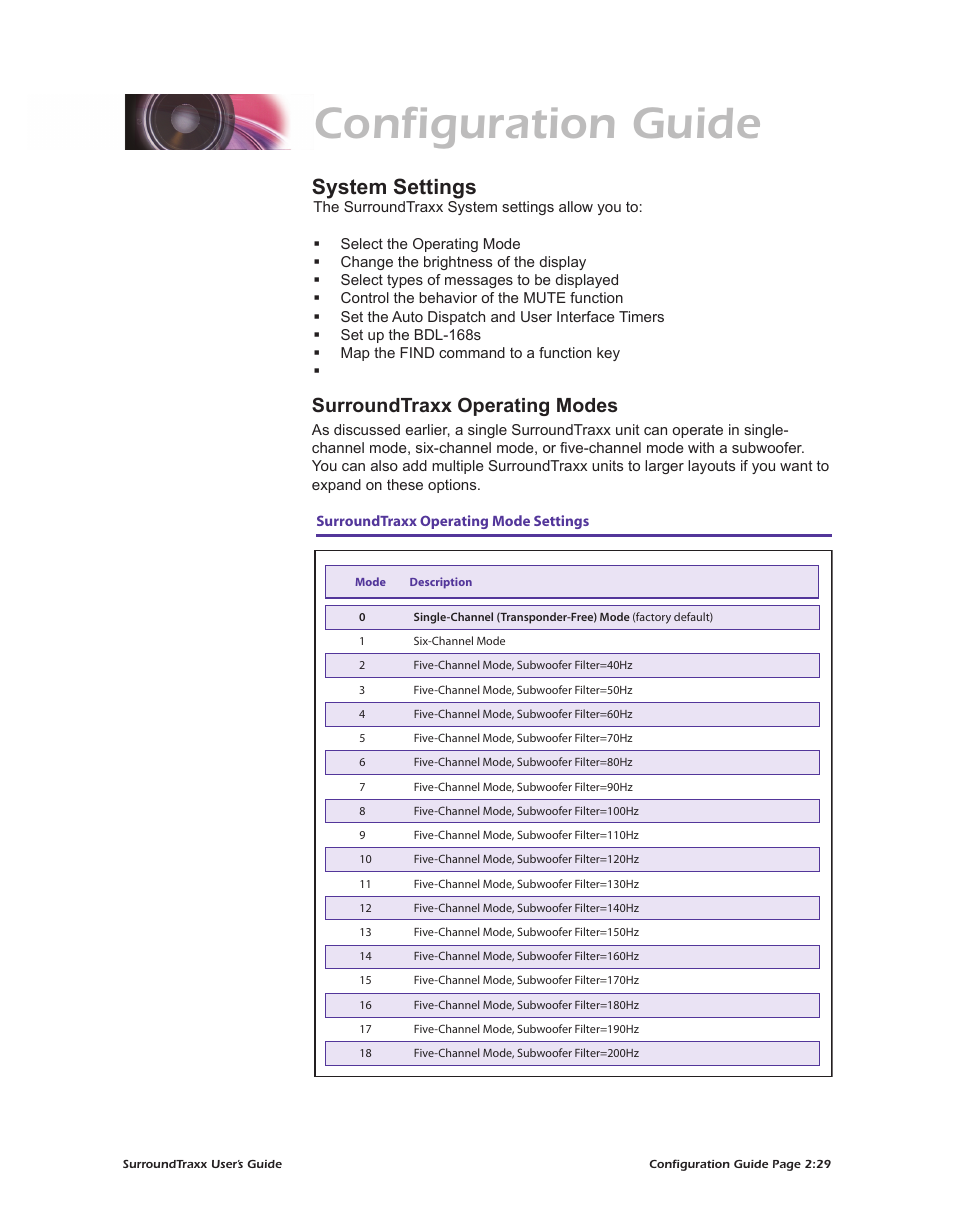 Configuration guide, System settings, Surroundtraxx operating modes | SoundTraxx SurroundTraxx User Manual | Page 57 / 86