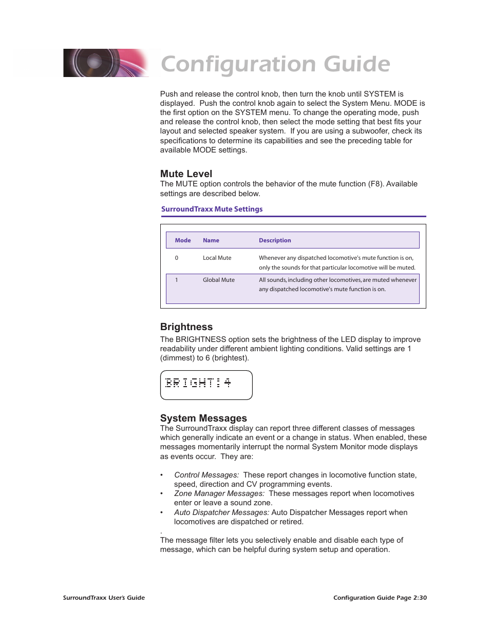 Configuration guide, Mute level, Brightness | System messages | SoundTraxx SurroundTraxx User Manual | Page 58 / 86