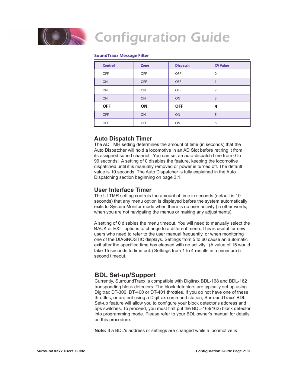 Configuration guide, Bdl set-up/support, Auto dispatch timer | User interface timer | SoundTraxx SurroundTraxx User Manual | Page 59 / 86