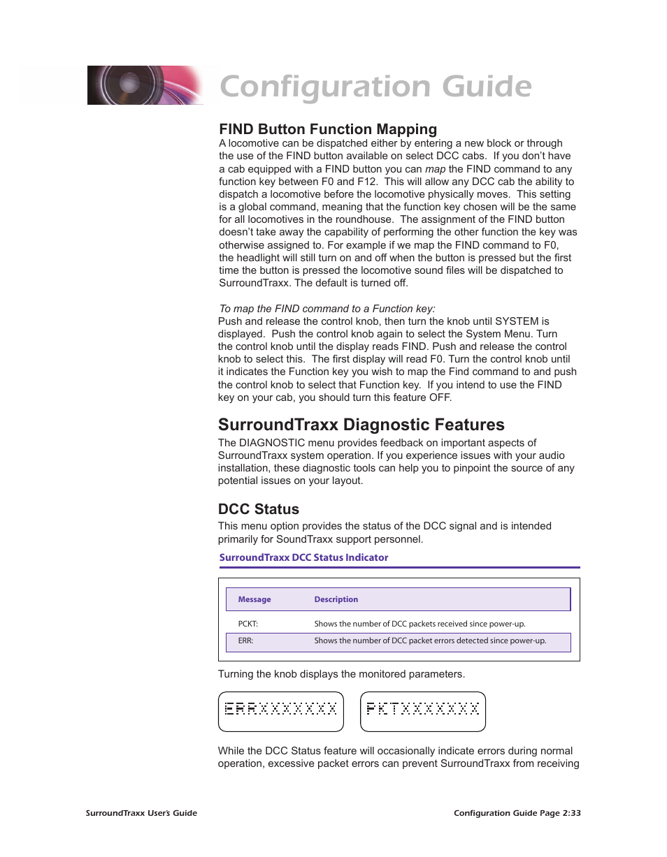 Configuration guide, Surroundtraxx diagnostic features, Find button function mapping | Dcc status | SoundTraxx SurroundTraxx User Manual | Page 61 / 86
