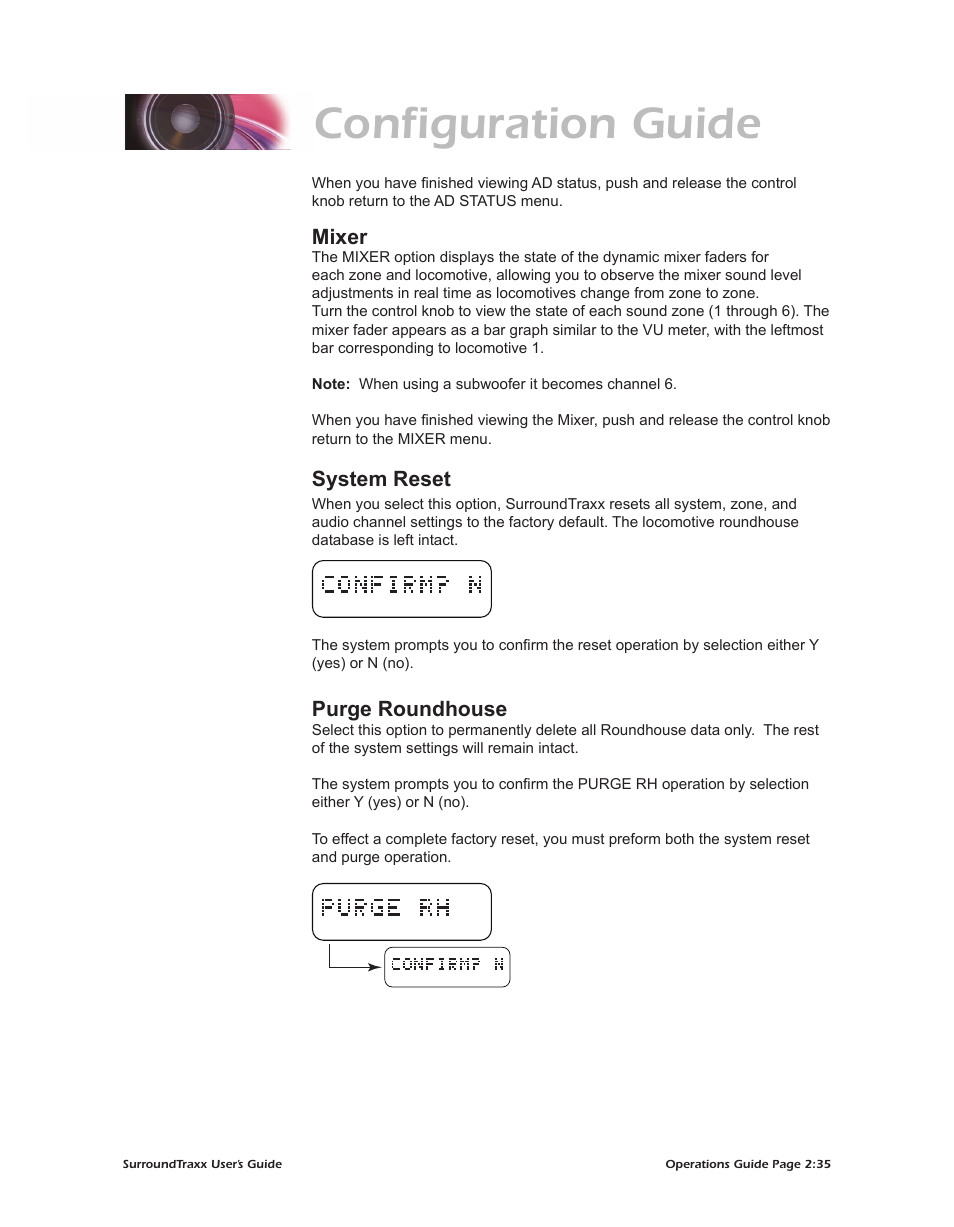Configuration guide, Mixer, System reset | Purge roundhouse | SoundTraxx SurroundTraxx User Manual | Page 63 / 86