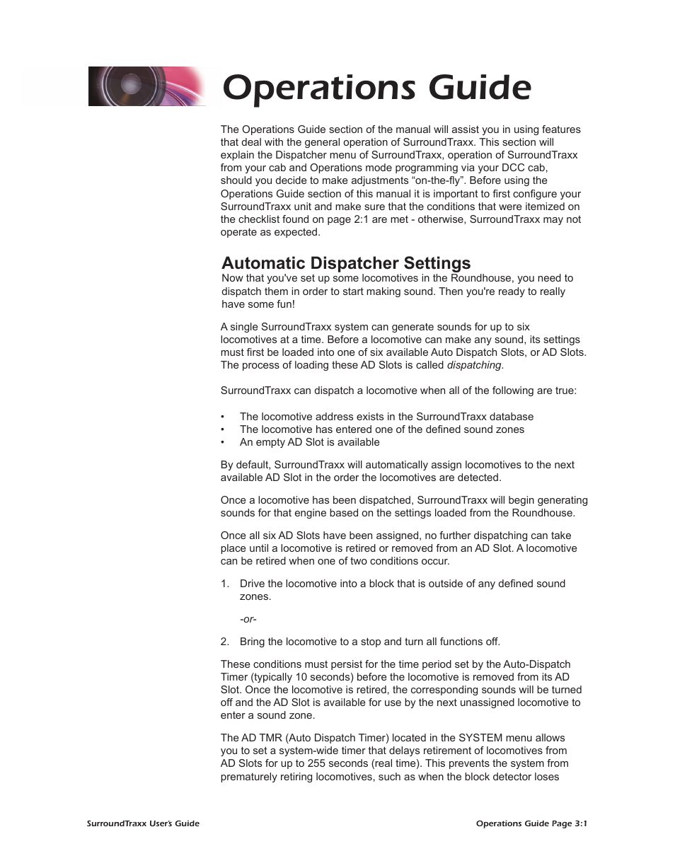 Operations guide, Automatic dispatcher settings | SoundTraxx SurroundTraxx User Manual | Page 64 / 86