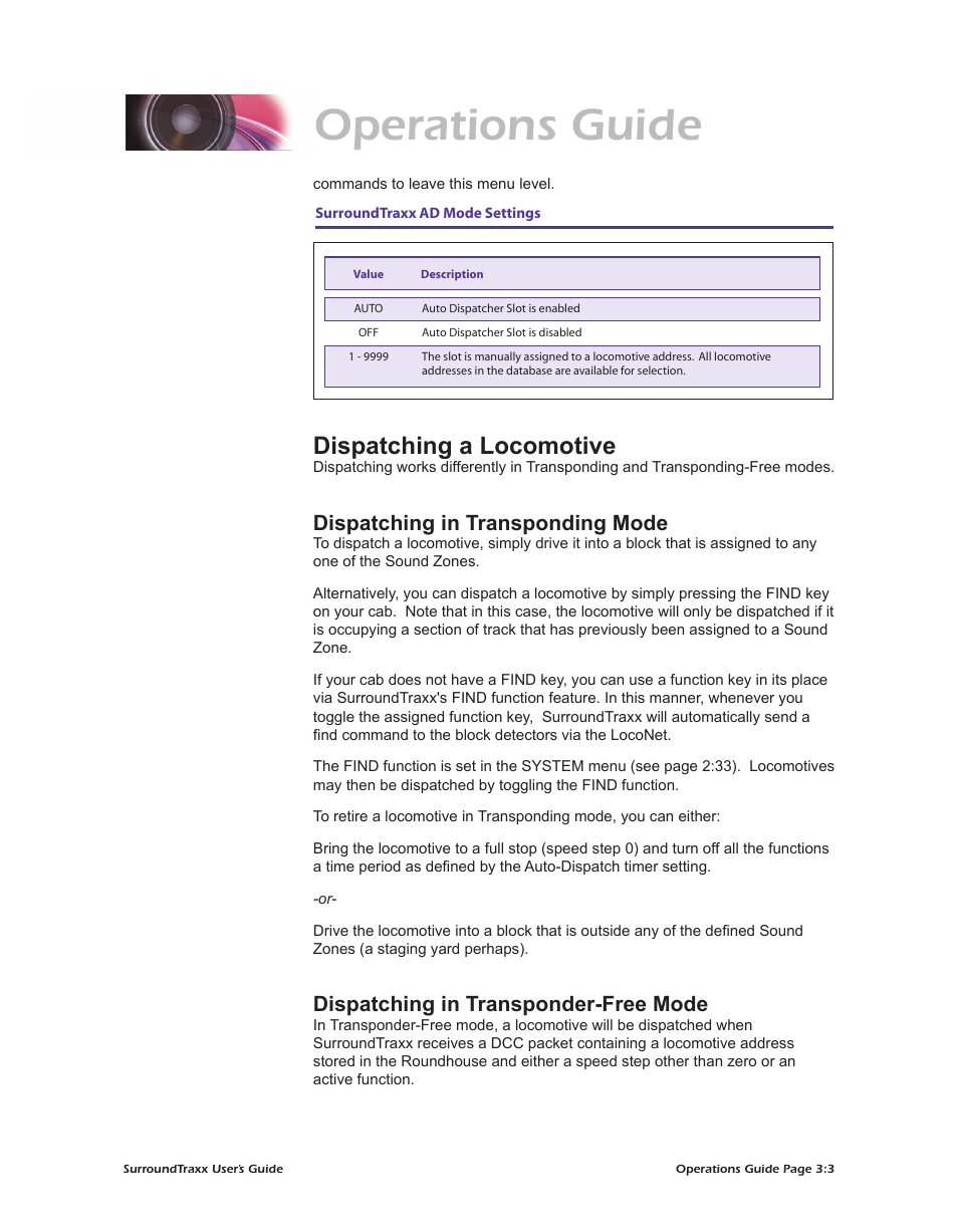 Operations guide, Dispatching a locomotive, Dispatching in transponding mode | Dispatching in transponder-free mode | SoundTraxx SurroundTraxx User Manual | Page 66 / 86