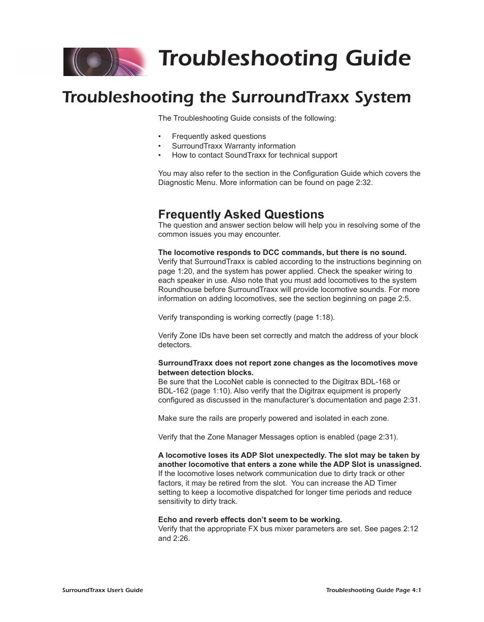 Troubleshooting guide, Troubleshooting the surroundtraxx system, Frequently asked questions | SoundTraxx SurroundTraxx User Manual | Page 71 / 86