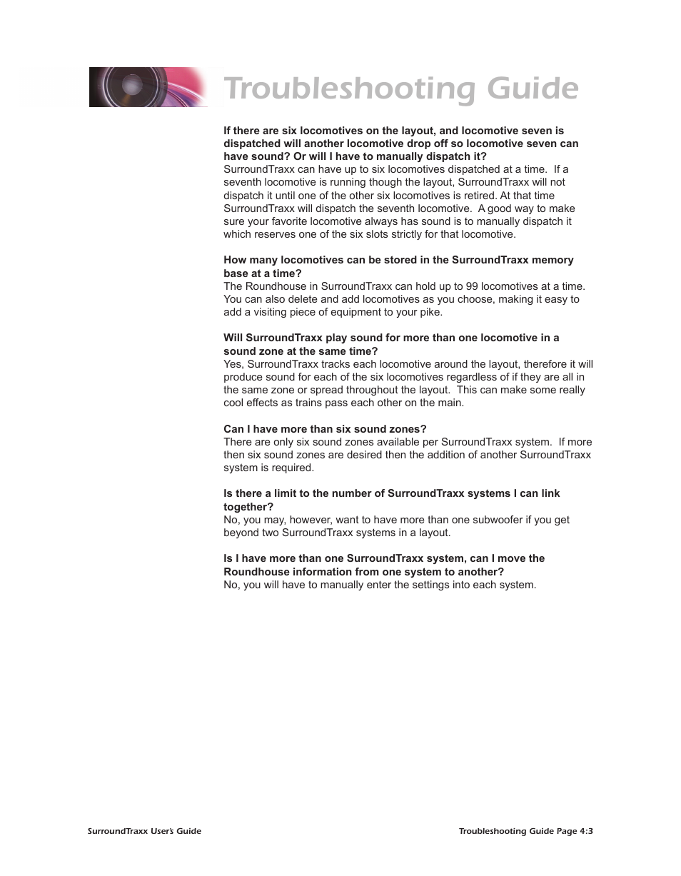 Troubleshooting guide | SoundTraxx SurroundTraxx User Manual | Page 73 / 86