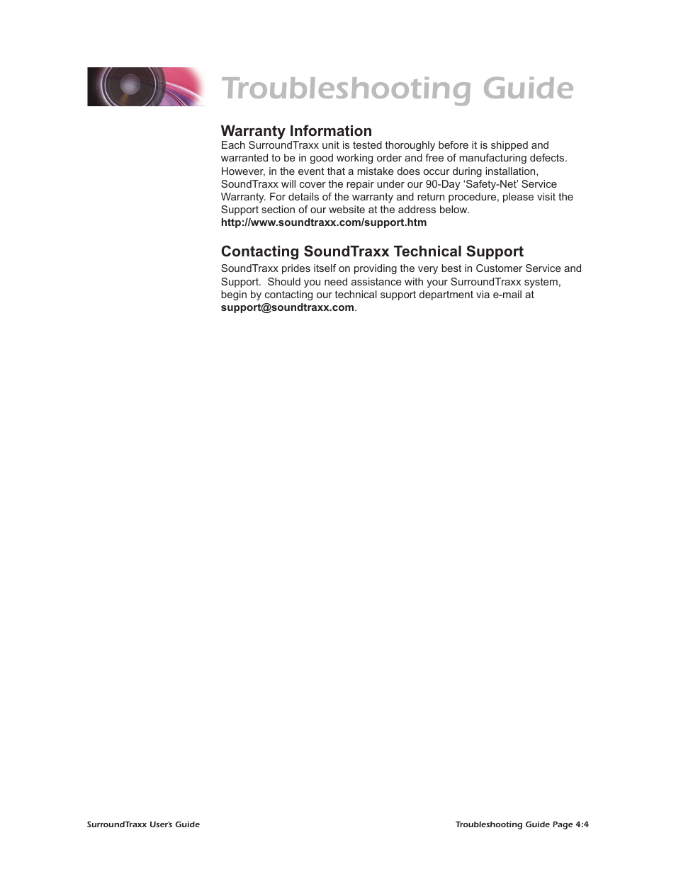 Troubleshooting guide, Warranty information, Contacting soundtraxx technical support | SoundTraxx SurroundTraxx User Manual | Page 74 / 86