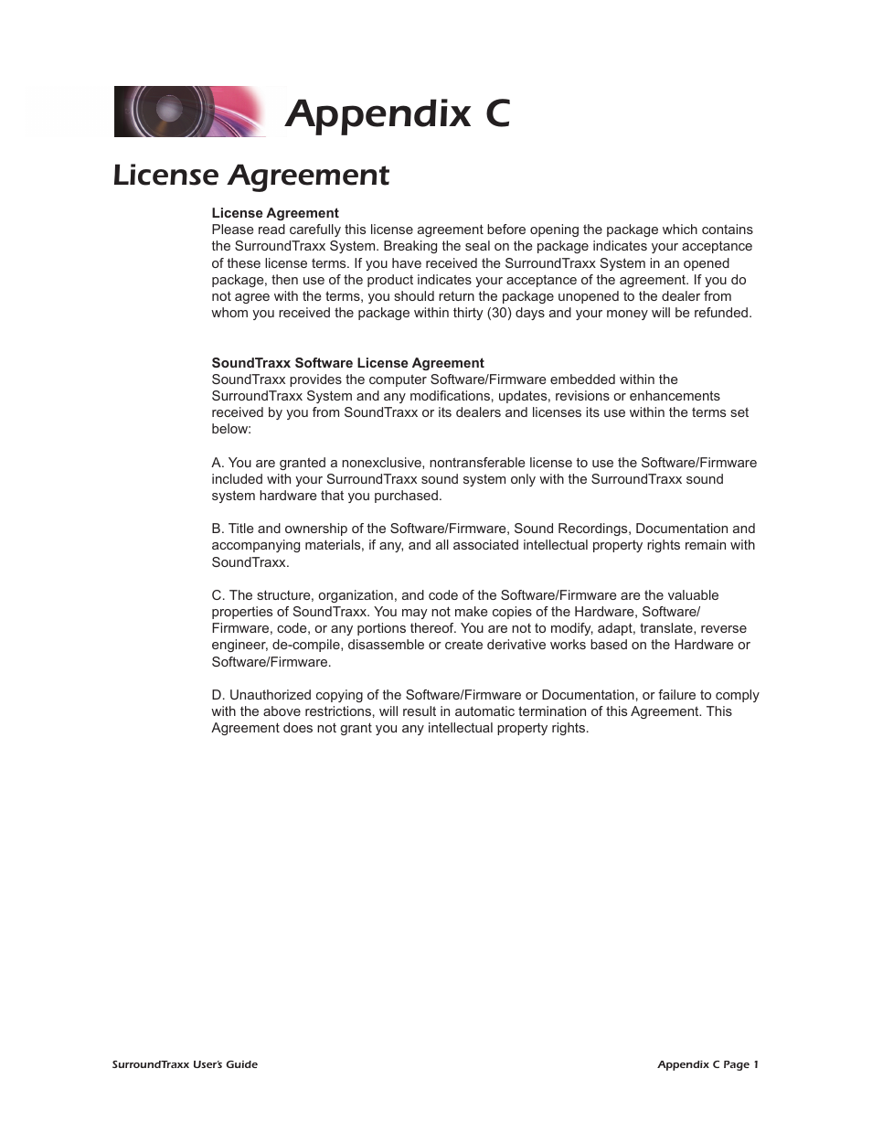 Appendix c, License agreement | SoundTraxx SurroundTraxx User Manual | Page 85 / 86