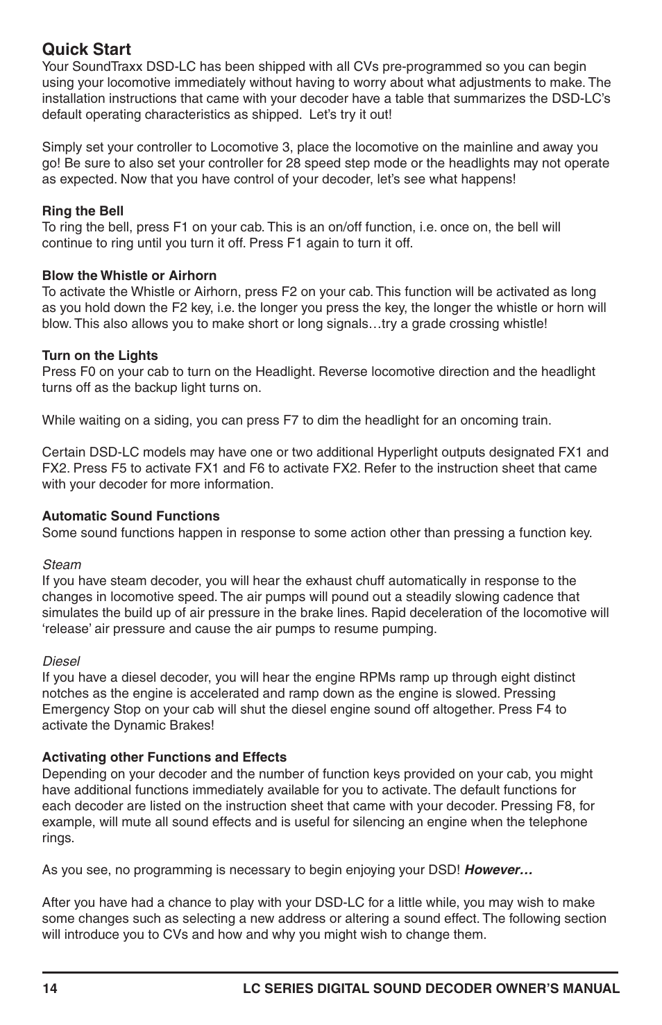Quick start | SoundTraxx LC Series Owners Manual User Manual | Page 14 / 40