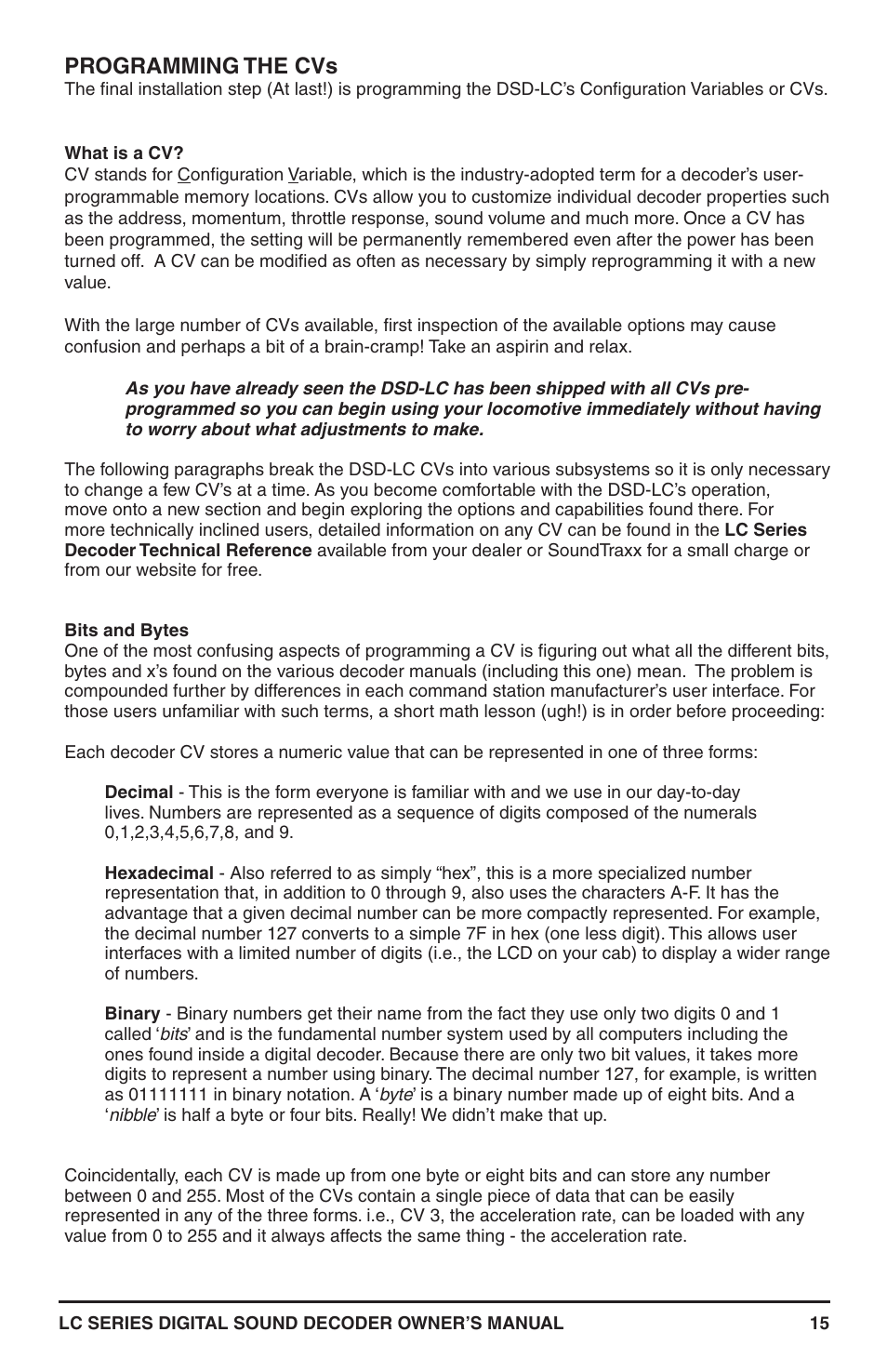 Programming the cvs | SoundTraxx LC Series Owners Manual User Manual | Page 15 / 40