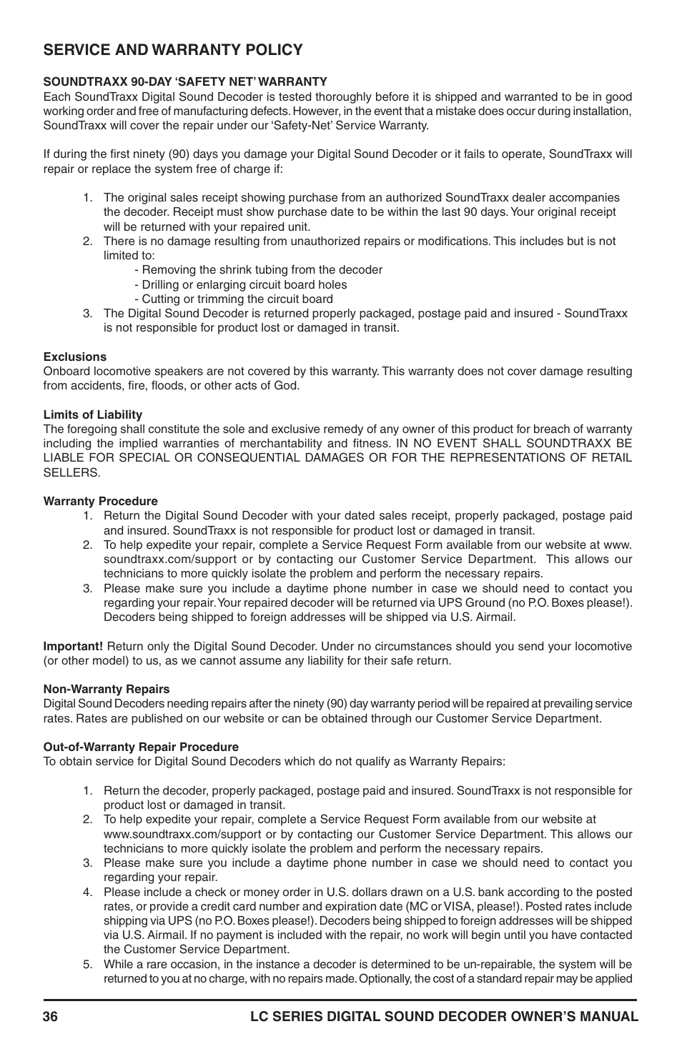 Service and warranty policy | SoundTraxx LC Series Owners Manual User Manual | Page 36 / 40