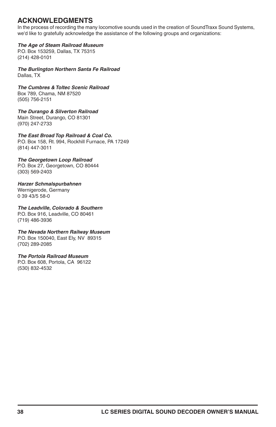 Acknowledgments | SoundTraxx LC Series Owners Manual User Manual | Page 38 / 40