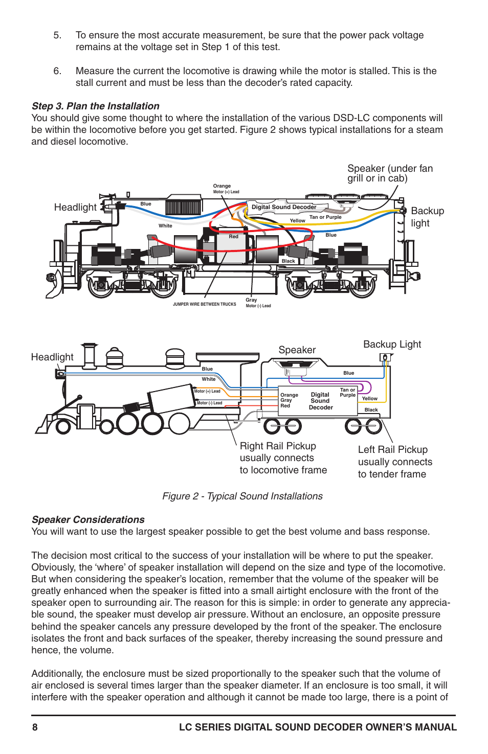 Headlight, Speaker (under fan grill or in cab), Backup light | SoundTraxx LC Series Owners Manual User Manual | Page 8 / 40