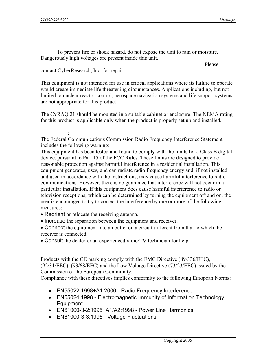 Product safety and regulatory information, 3 product safety and regulatory information | CyberResearch CYRAQ 21A User Manual | Page 14 / 82