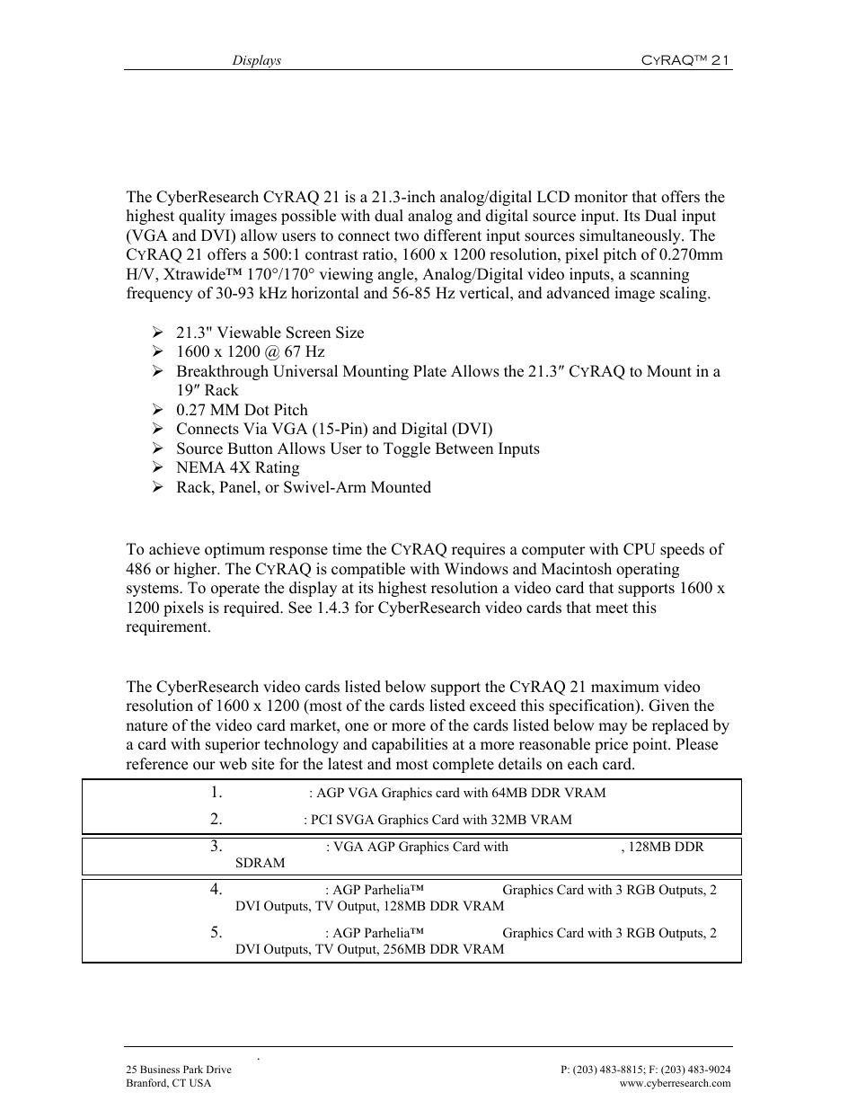 5 features, 1 overview 1.5.2 system, Requirements | Recommended video cards | CyberResearch CYRAQ 21A User Manual | Page 19 / 82