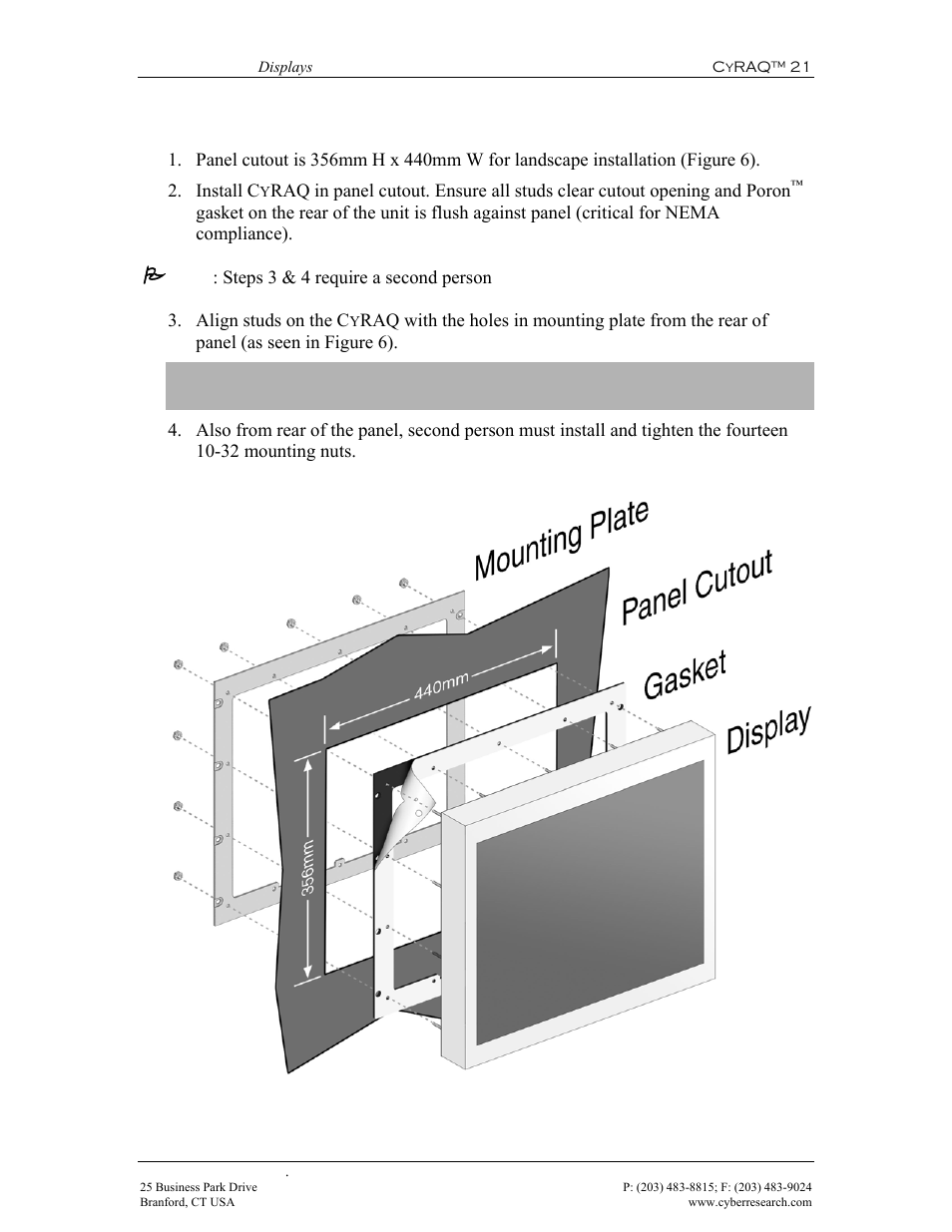 Panel mounting the monitor, Figure 6: panel-mount landscape installation, Important | 2 panel mounting the monitor | CyberResearch CYRAQ 21A User Manual | Page 27 / 82