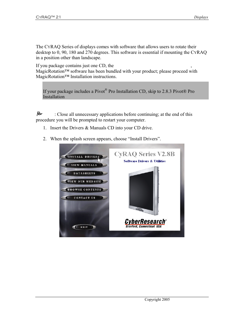 Screen rotation software, 1 magicrotation, Installation | 8 screen rotation software, Important | CyberResearch CYRAQ 21A User Manual | Page 38 / 82