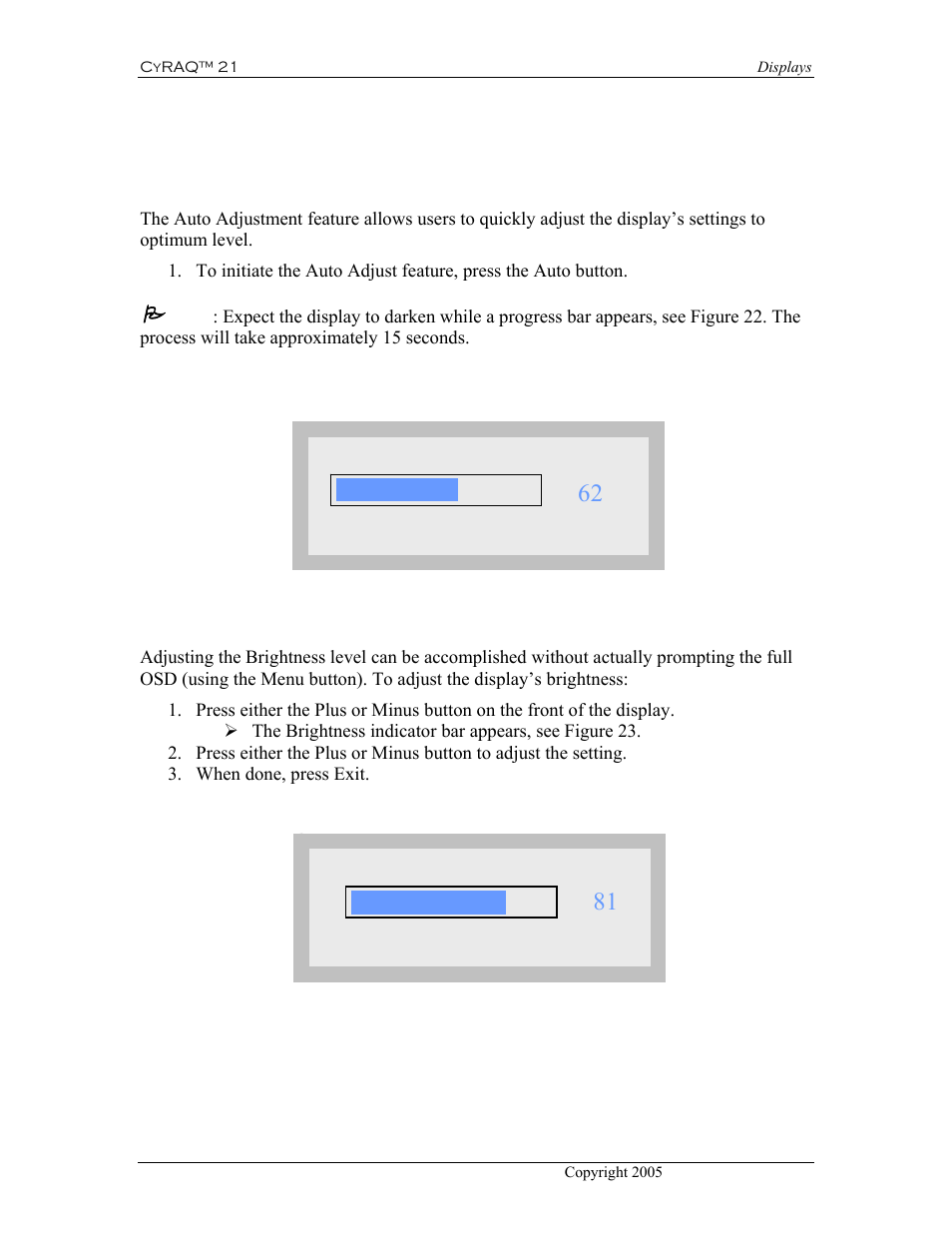 2 adjusting, Display, 1 auto | Adjustment, 2 brightness, 2 adjusting the display | CyberResearch CYRAQ 21A User Manual | Page 50 / 82