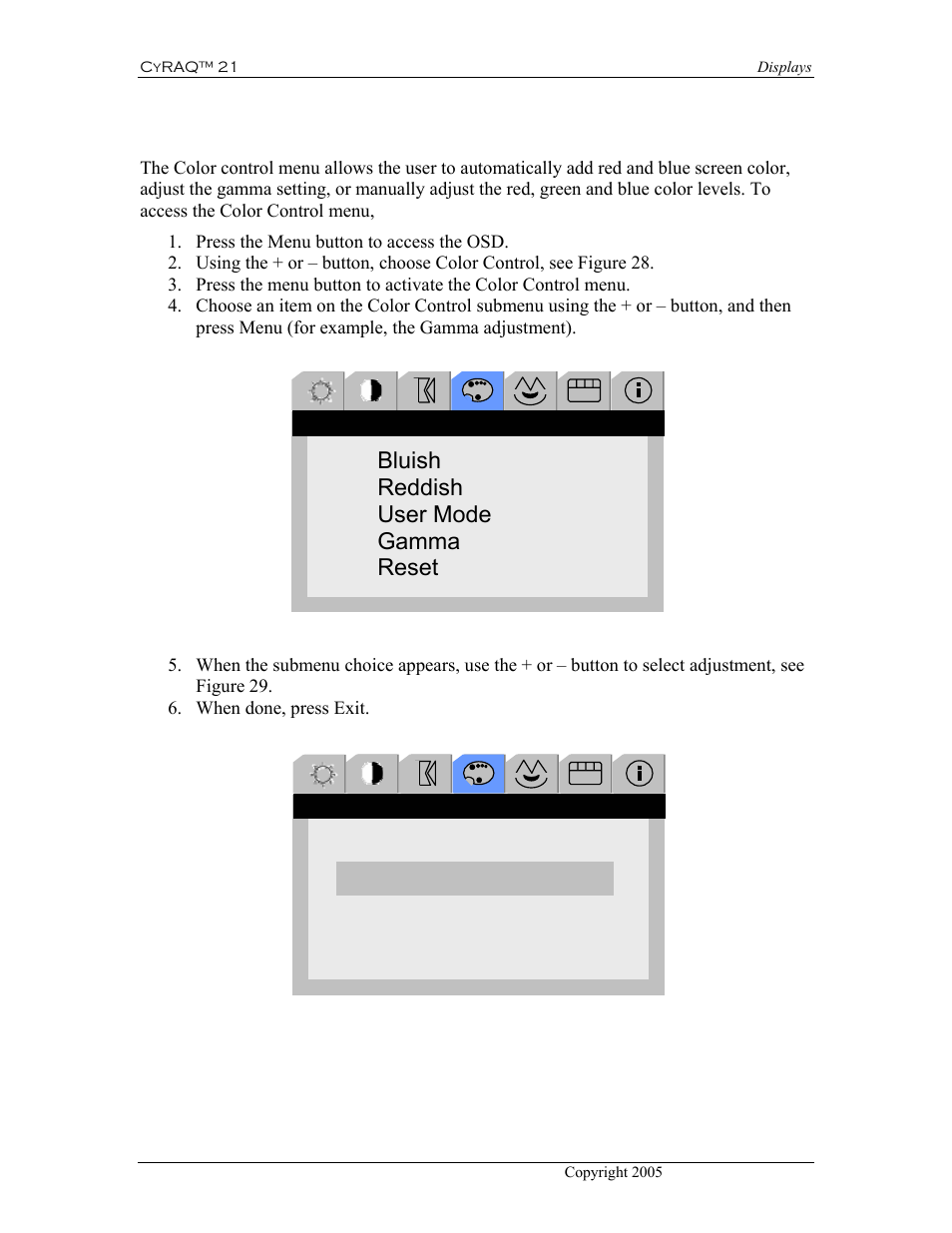 6 color, Control, Bluish reddish user mode gamma reset | Gamma | CyberResearch CYRAQ 21A User Manual | Page 54 / 82