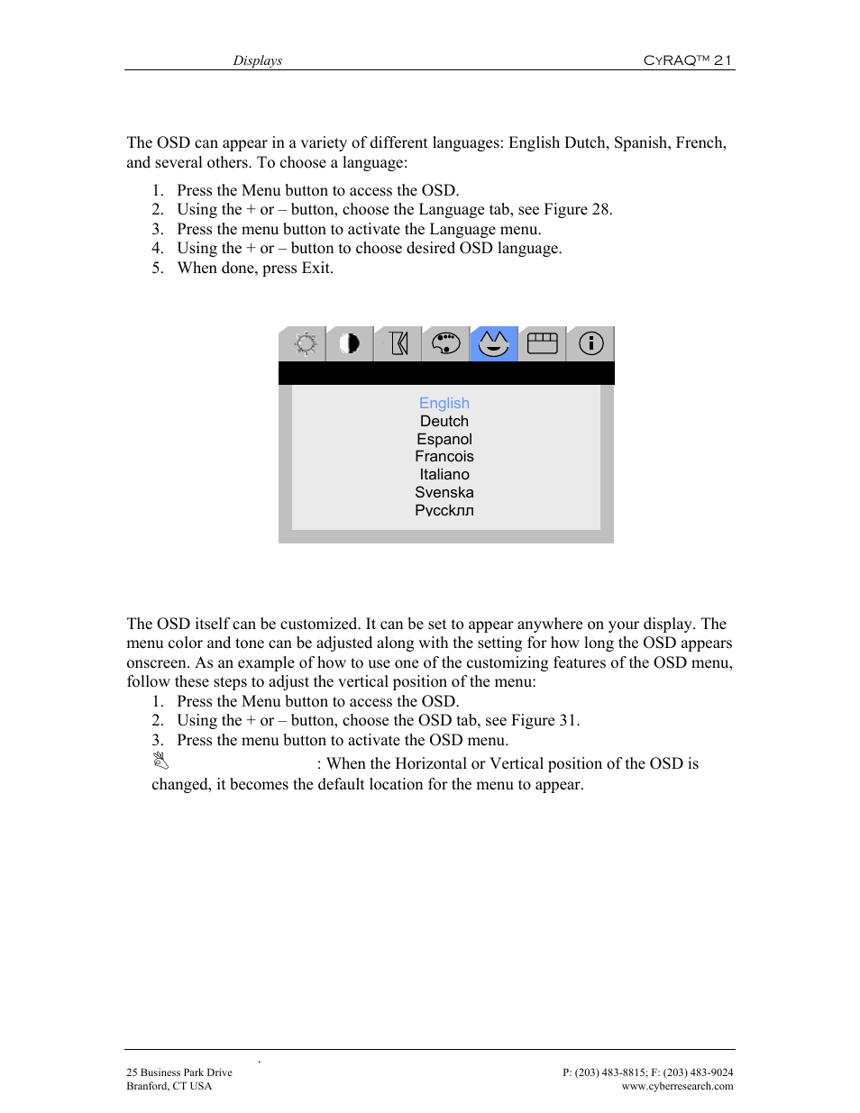 7 select, Language, Customize osd menu | Figure 30: language menu | CyberResearch CYRAQ 21A User Manual | Page 55 / 82