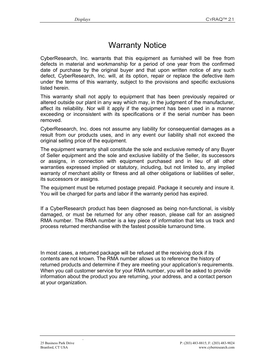 Warranty notice | CyberResearch CYRAQ 21A User Manual | Page 79 / 82