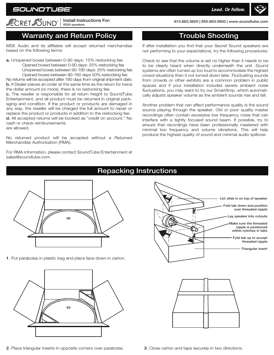 Warranty and return policy trouble shooting, Repacking instructions | Soundtube FP6020-II User Manual | Page 2 / 2