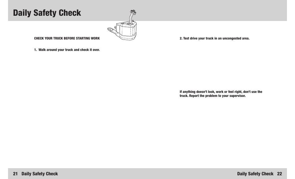 Daily safety check, 21 daily safety check, Daily safety check 22 | Crown Equipment PW 3000 Series User Manual | Page 12 / 16