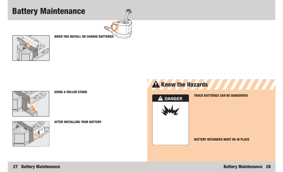 Battery maintenance, Know the hazards, 27 battery maintenance | Battery maintenance 28 | Crown Equipment PW 3000 Series User Manual | Page 15 / 16