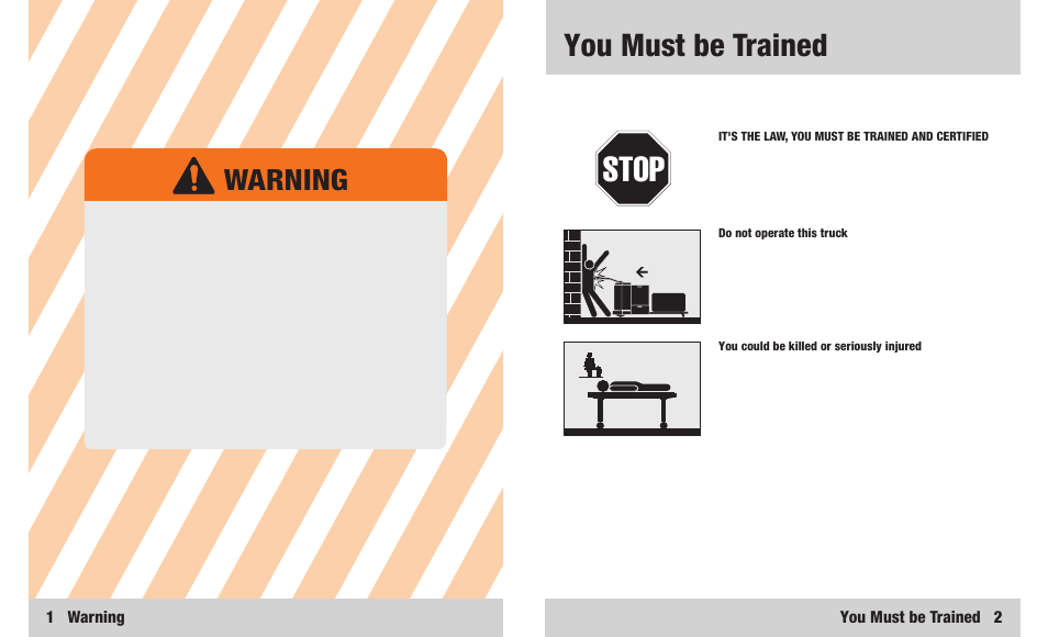 Stop, You must be trained, Warning | Crown Equipment PW 3000 Series User Manual | Page 2 / 16