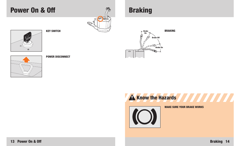 Power on & off, Braking, Know the hazards | Crown Equipment PW 3000 Series User Manual | Page 8 / 16