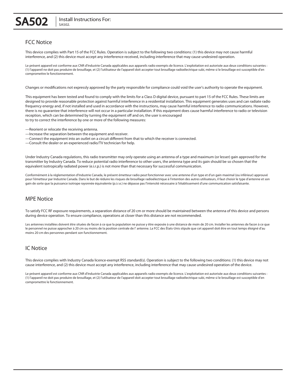 Sa502, Fcc notice, Mpe notice | Ic notice | Soundtube SA502 User Manual | Page 4 / 4