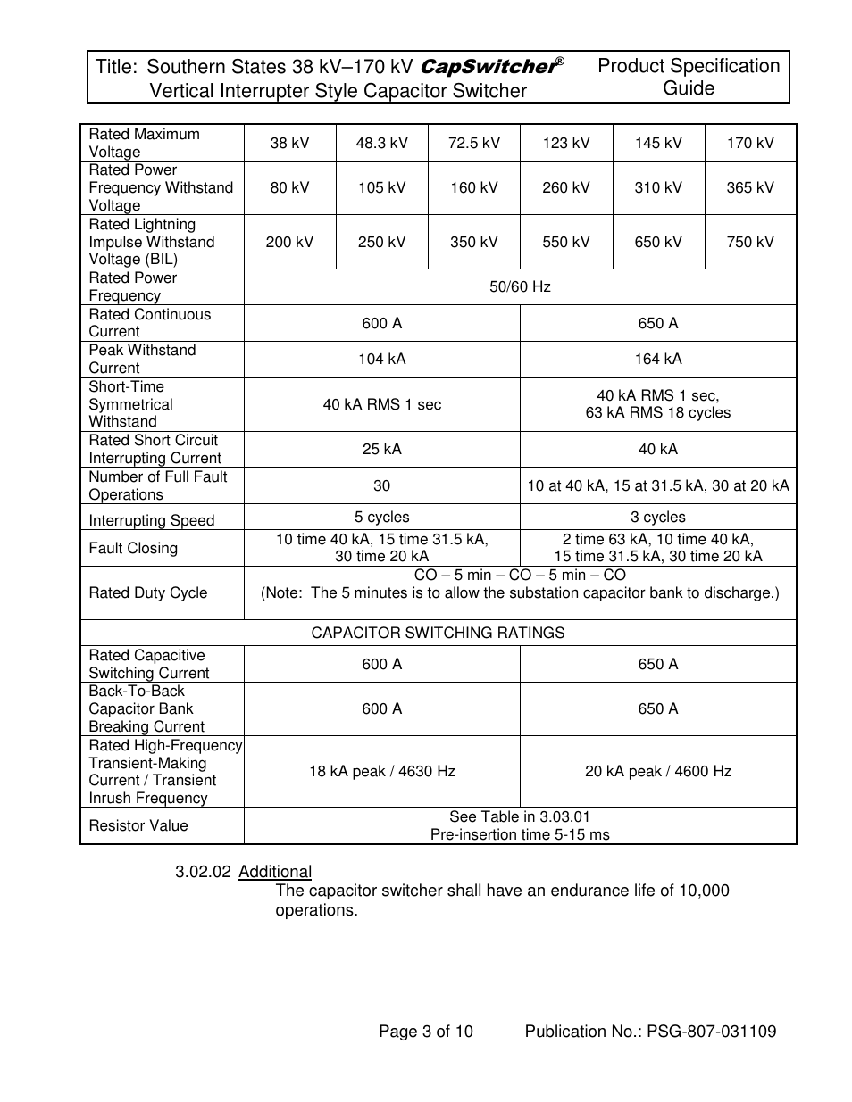 Capswitcher, Title, Vertical interrupter style capacitor switcher | Product specification guide | Southern States 38 kV-170 kV CapSwitcher User Manual | Page 3 / 10