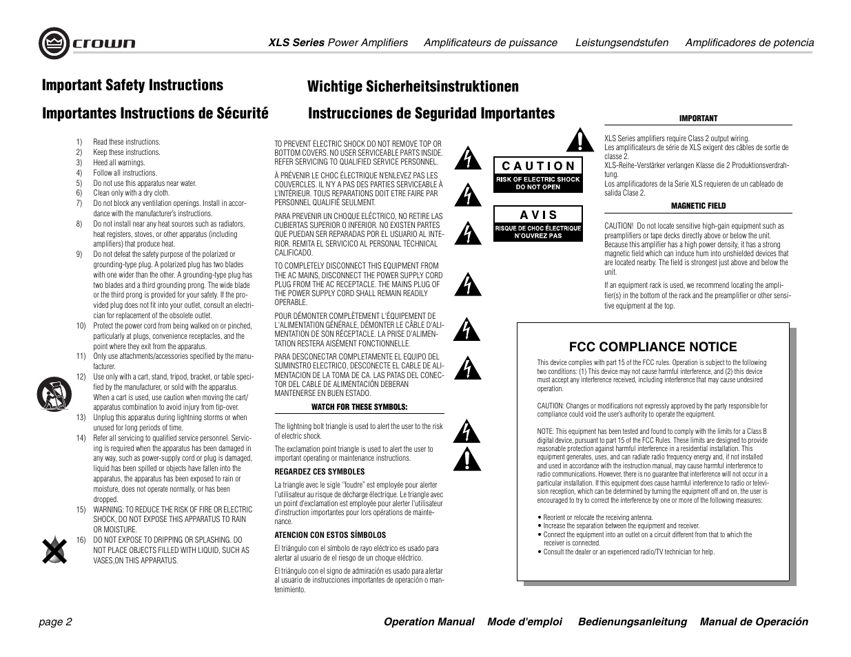 Important safety instructions, Fcc compliance notice | Crown Equipment XLS 602 User Manual | Page 2 / 36